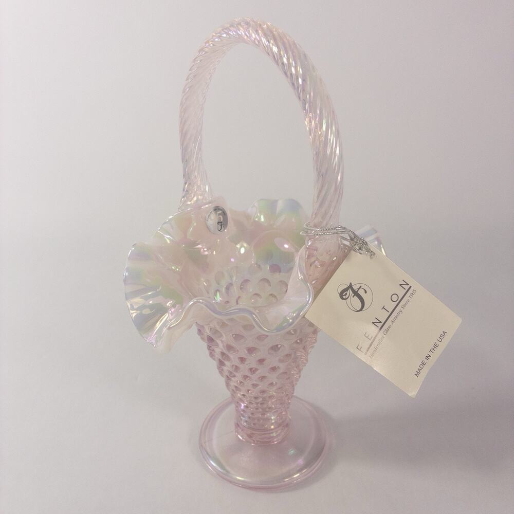 Fenton Glass Basket Hobnail Basket 9.5" Iridescent Champagne Shimmer Opalescent
